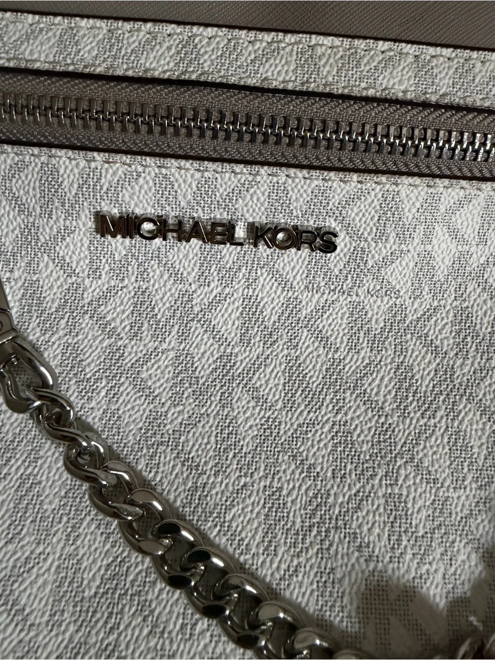 Michael Kors White and Taupe Signature Crossbody with Chain Detail